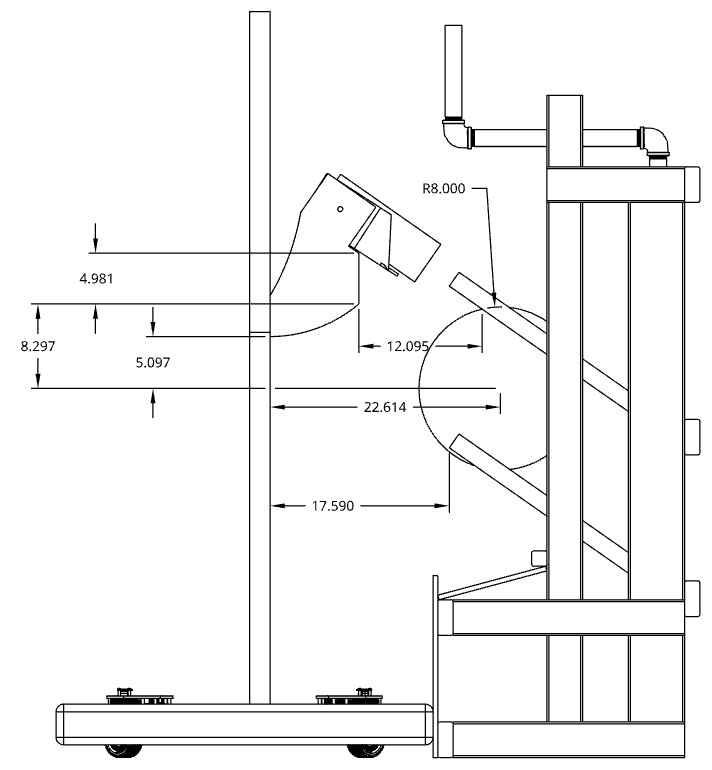 Dimensioned CAD drawing of Ursula's 2025 robot scoring geometry